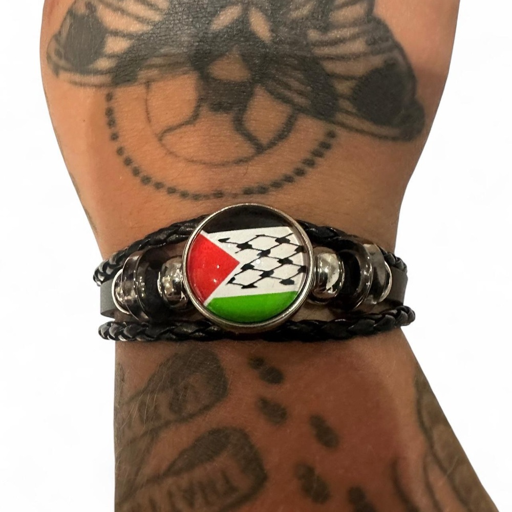Black pleather Bracelet with adjustable cords and Palestine flag and keffiyeh